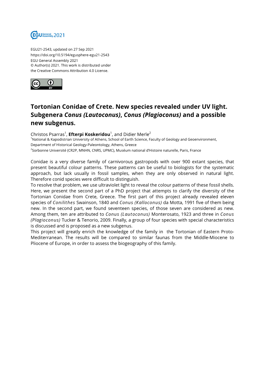 Tortonian Conidae of Crete. New Species Revealed Under UV Light. Subgenera Conus (Lautoconus), Conus (Plagioconus) and a Possible New Subgenus