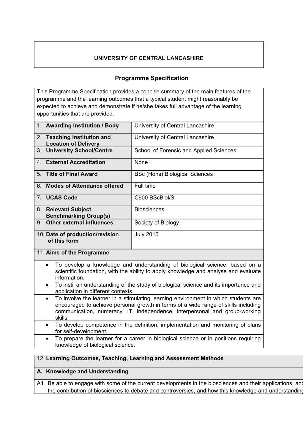 Bsc (Hons) Biological Sciences (July 2015)