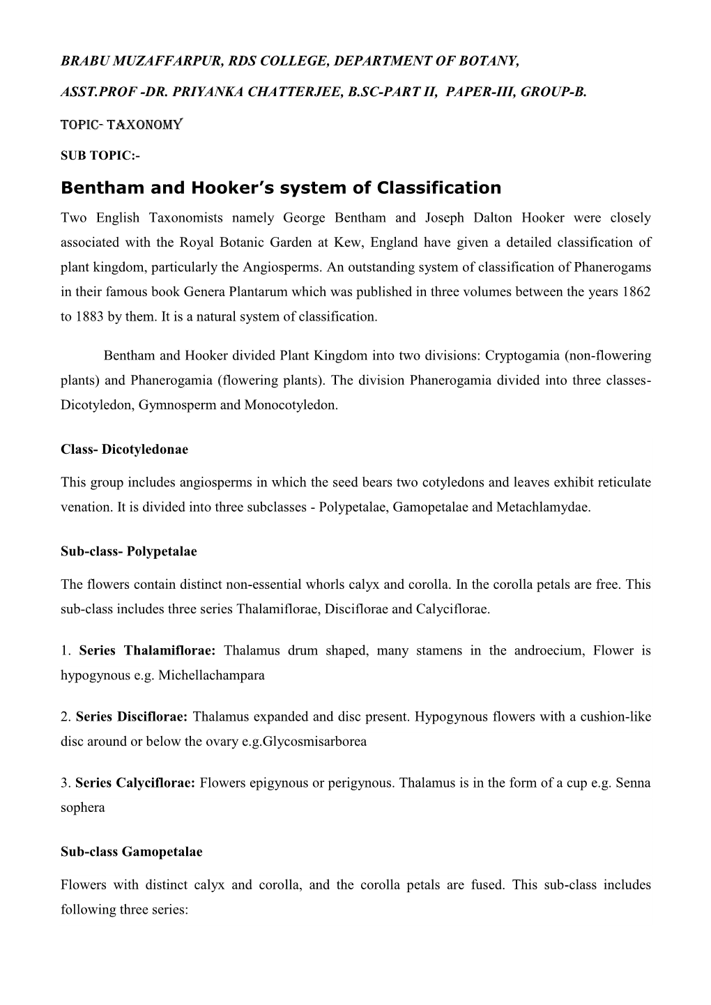 Bentham and Hooker's System of Classification