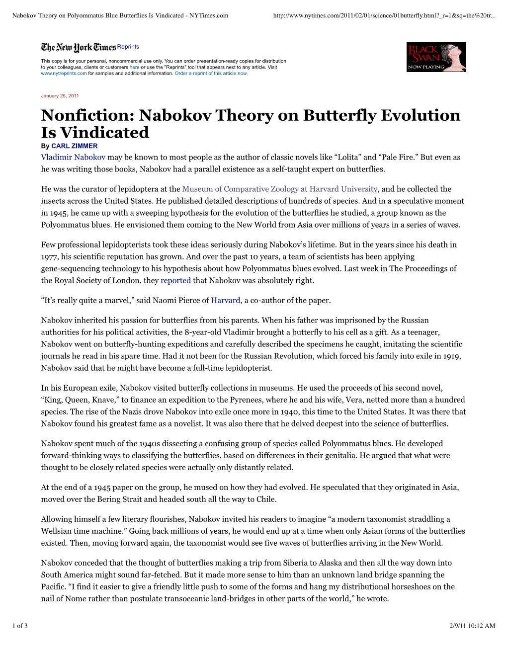 Nabokov Theory on Polyommatus Blue Butterﬂies Is Vindicated - Nytimes.Com