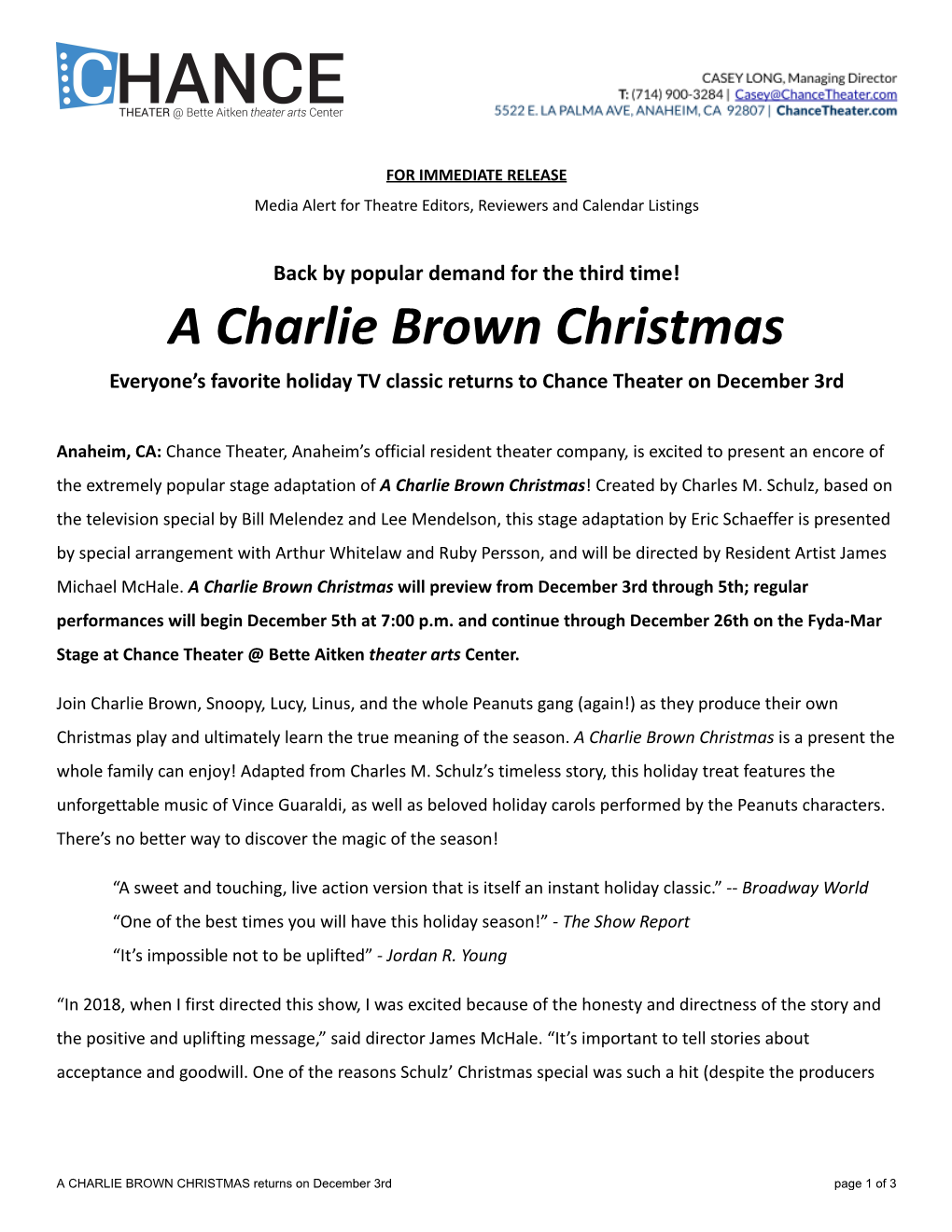 A Charlie Brown Christmas Everyone’S Favorite Holiday TV Classic Returns to Chance Theater on December 3Rd