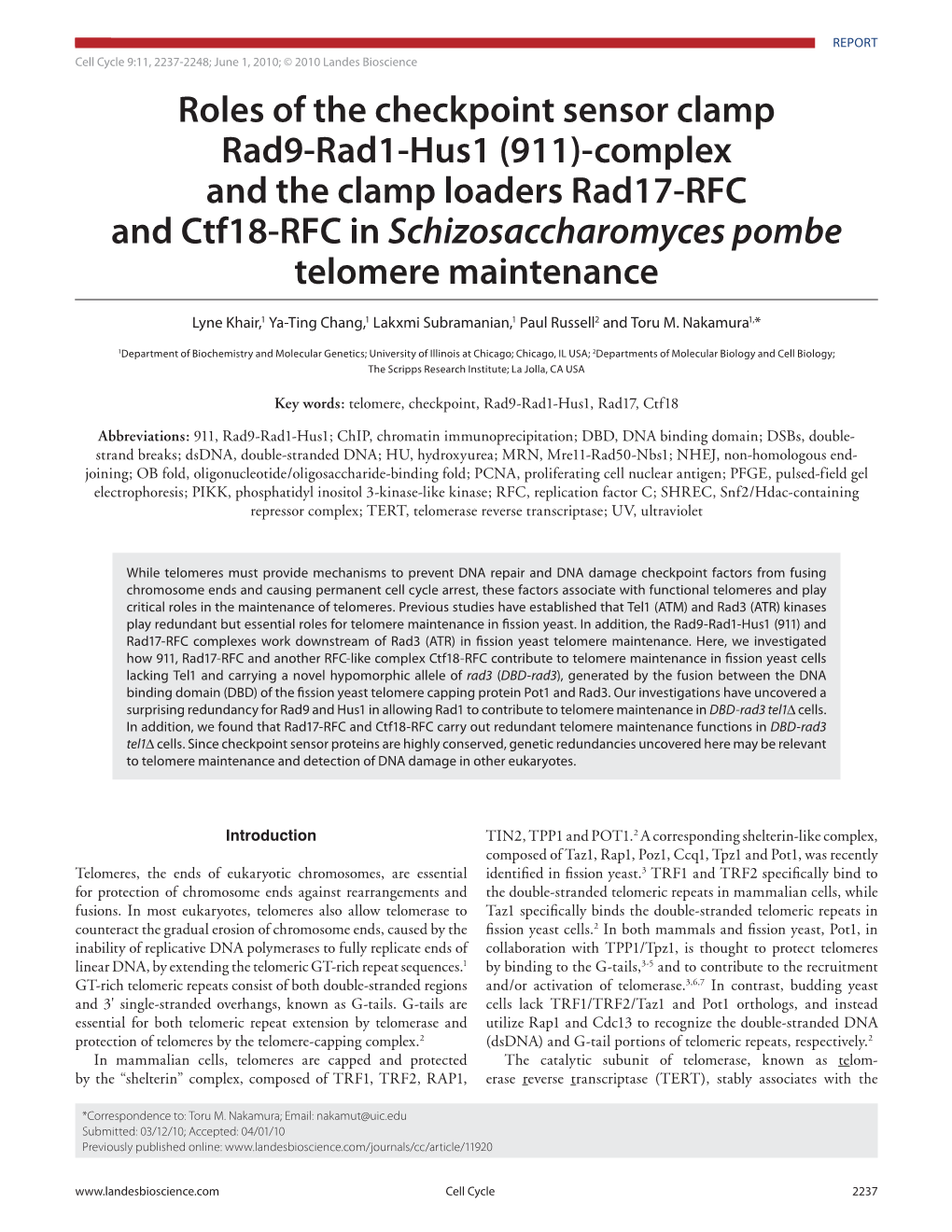 Roles of the Checkpoint Sensor Clamp Rad9-Rad1-Hus1 (911)-Complex and the Clamp Loaders Rad17-RFC and Ctf18-RFC in Schizosaccharomyces Pombe Telomere Maintenance
