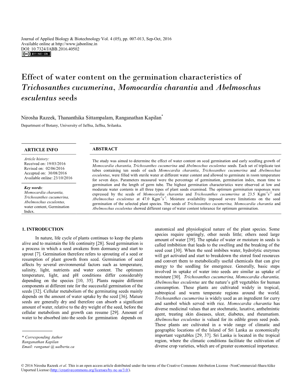 Effect of Water Content on the Germination Characteristics of Trichosanthes Cucumerina, Momocardia Charantia and Abelmoschus Esculentus Seeds
