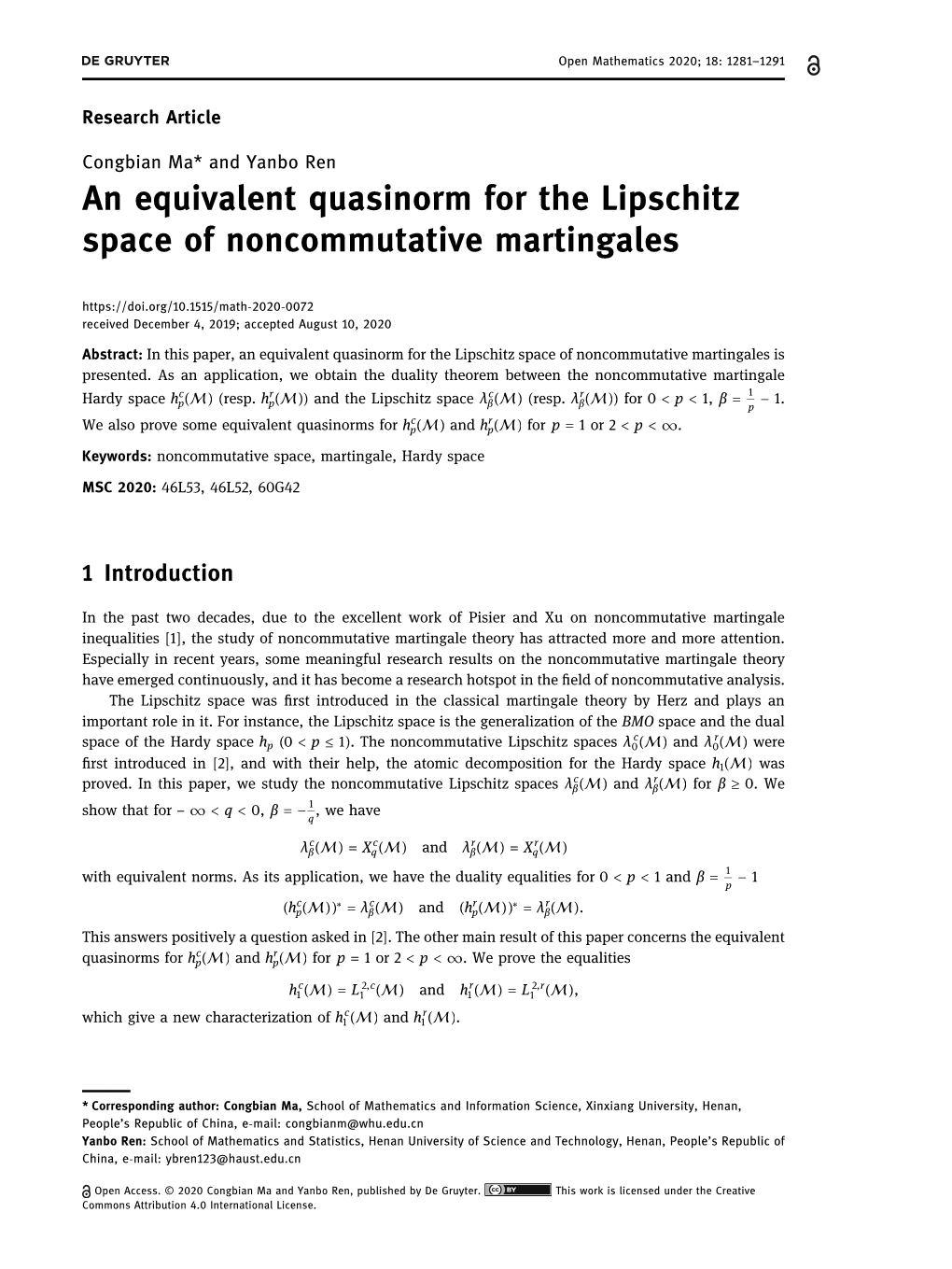 An Equivalent Quasinorm for the Lipschitz Space of Noncommutative Martingales