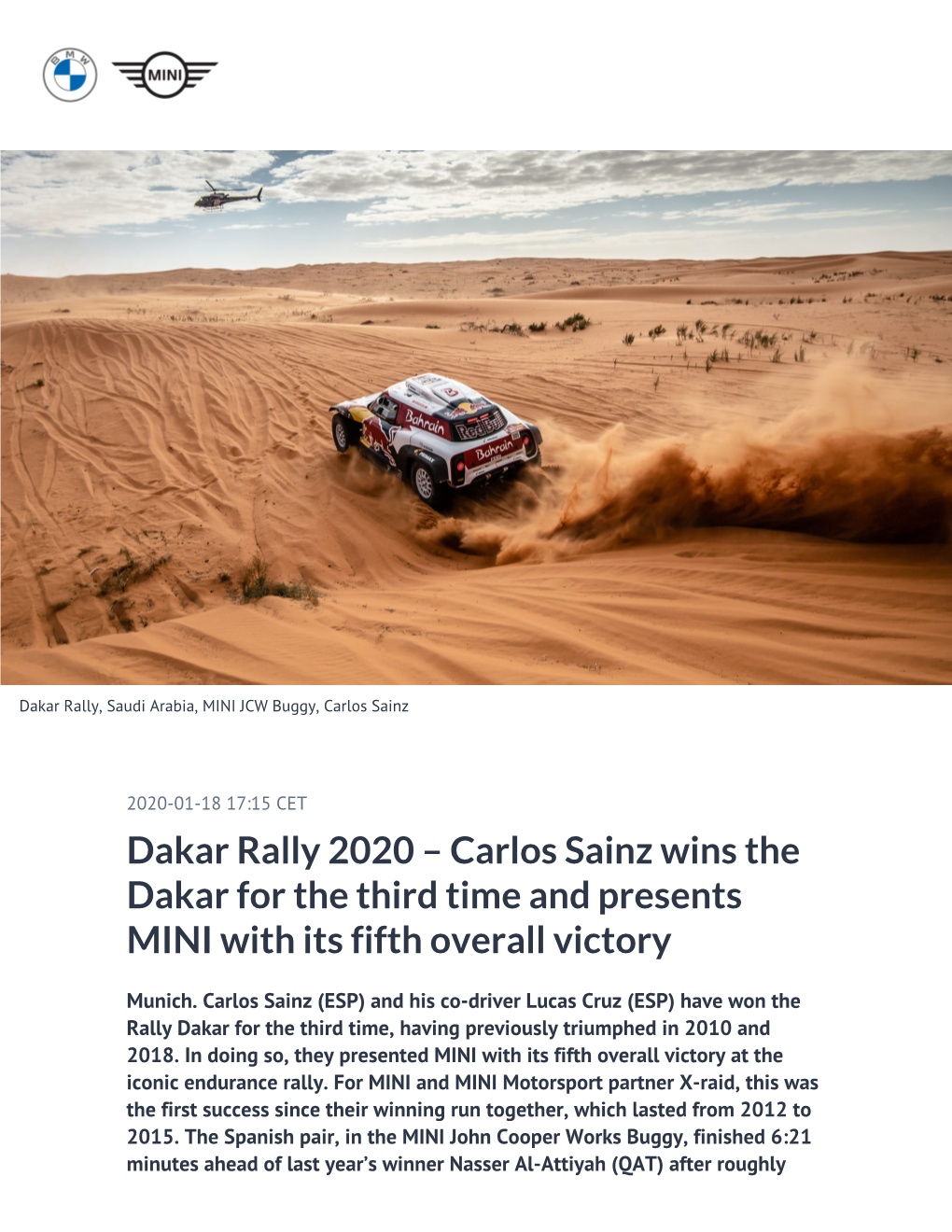 Dakar Rally 2020 – Carlos Sainz Wins the Dakar for the Third Time and Presents MINI with Its Fifth Overall Victory