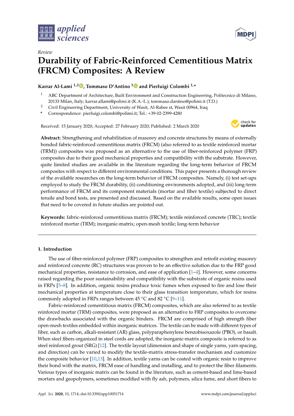 Durability of Fabric-Reinforced Cementitious Matrix (FRCM) Composites: a Review