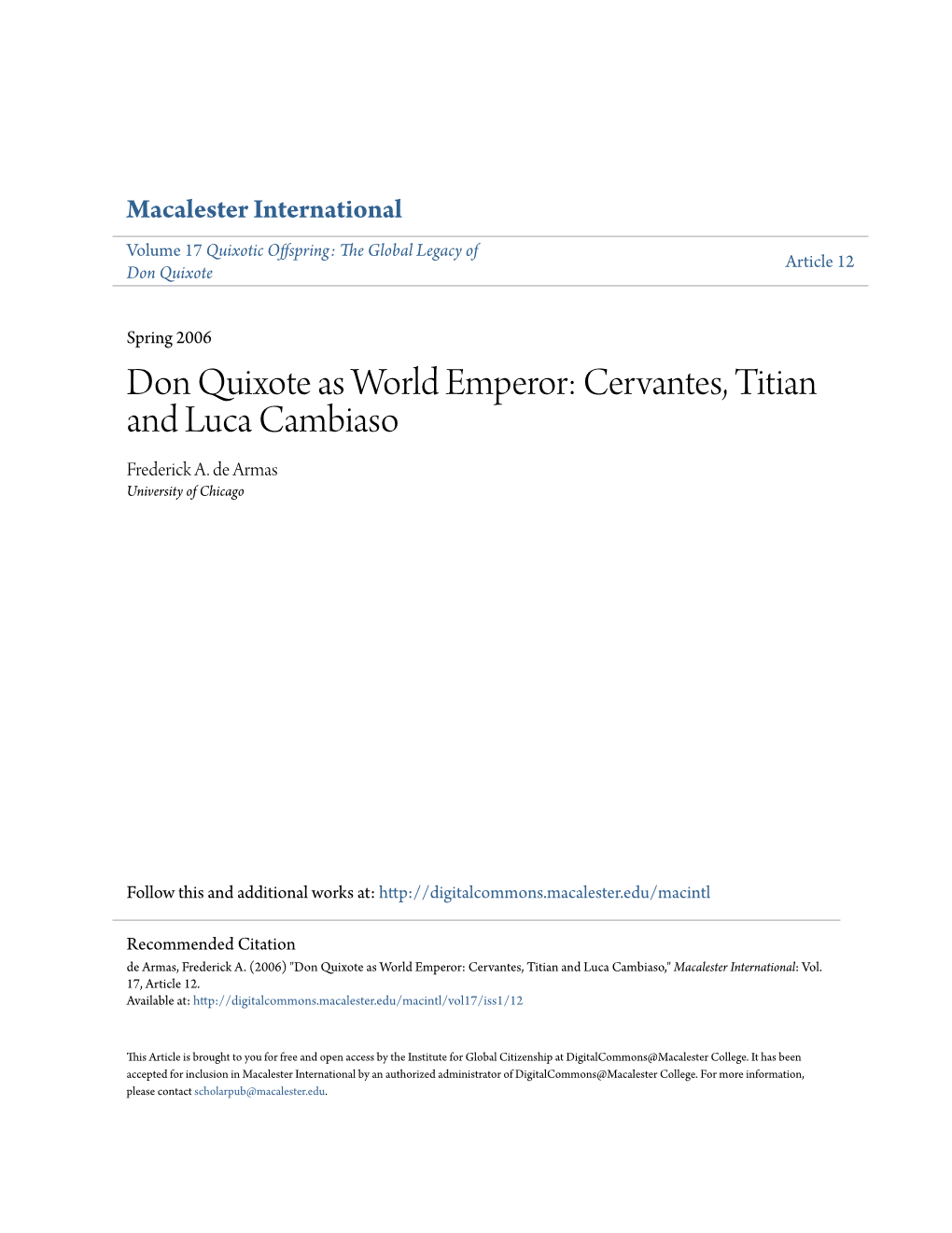 Don Quixote As World Emperor: Cervantes, Titian and Luca Cambiaso Frederick A