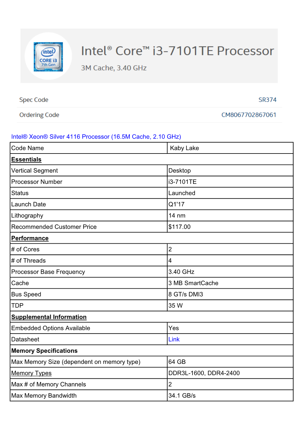 Intel® Xeon® Silver 4116 Processor (16.5M Cache, 2.10 Ghz) Code