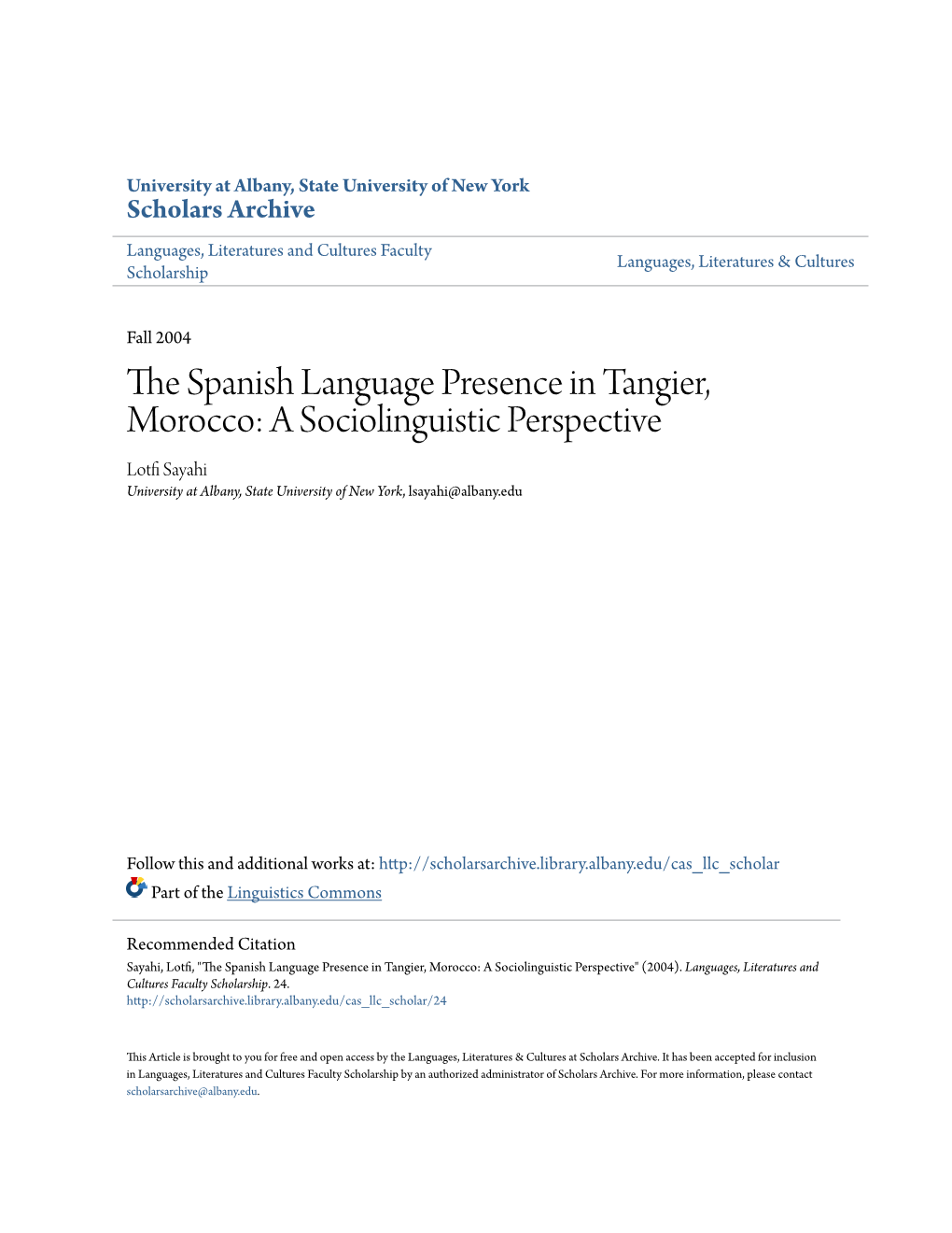 The Spanish Language Presence in Tangier, Morocco: a Sociolinguistic Perspective1