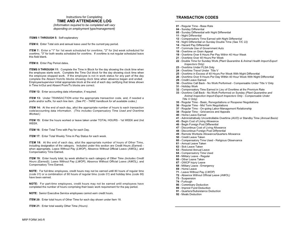Time and Attendance Log Transaction Codes