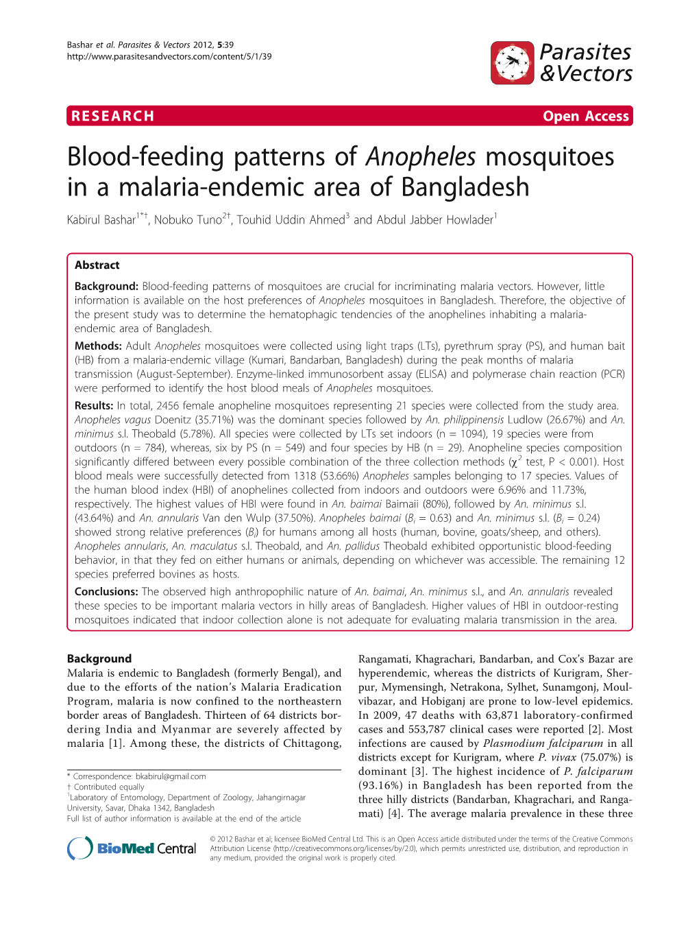 Blood-Feeding Patterns of Anopheles Mosquitoes in a Malaria-Endemic