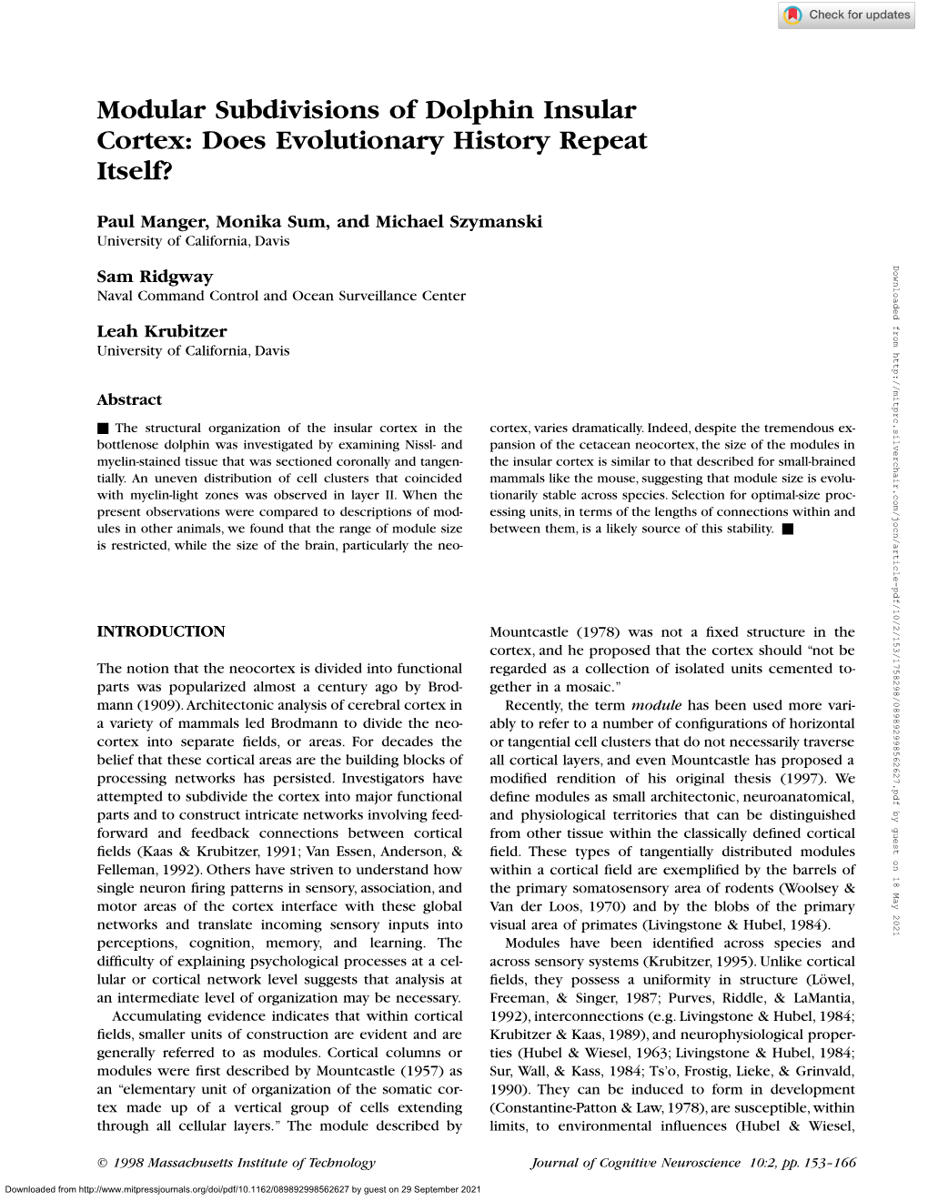 Modular Subdivisions of Dolphin Insular Cortex: Does Evolutionary History Repeat Itself?