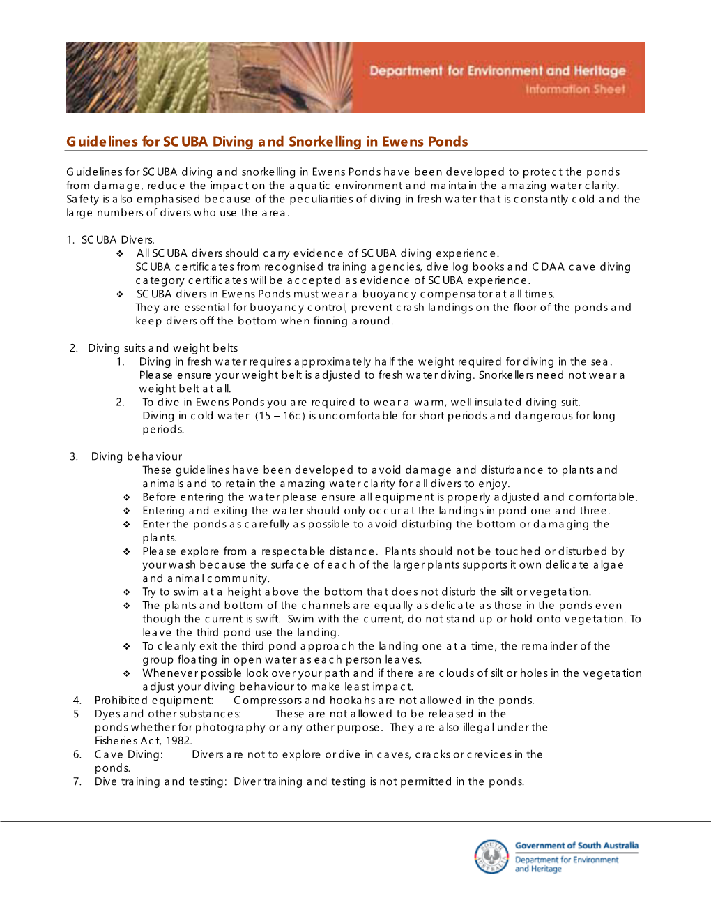 Guide Lines for SCUBA and Snorkel Diving in Ewens Ponds