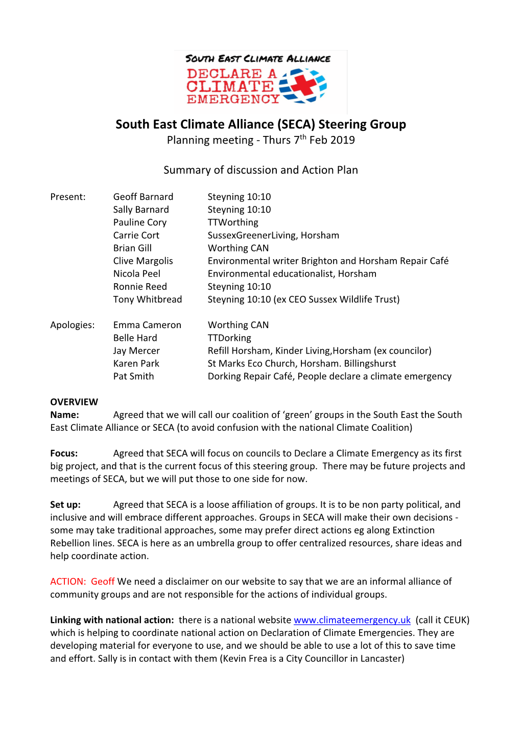 South East Climate Alliance (SECA) Steering Group Planning Meeting - Thurs 7Th Feb 2019