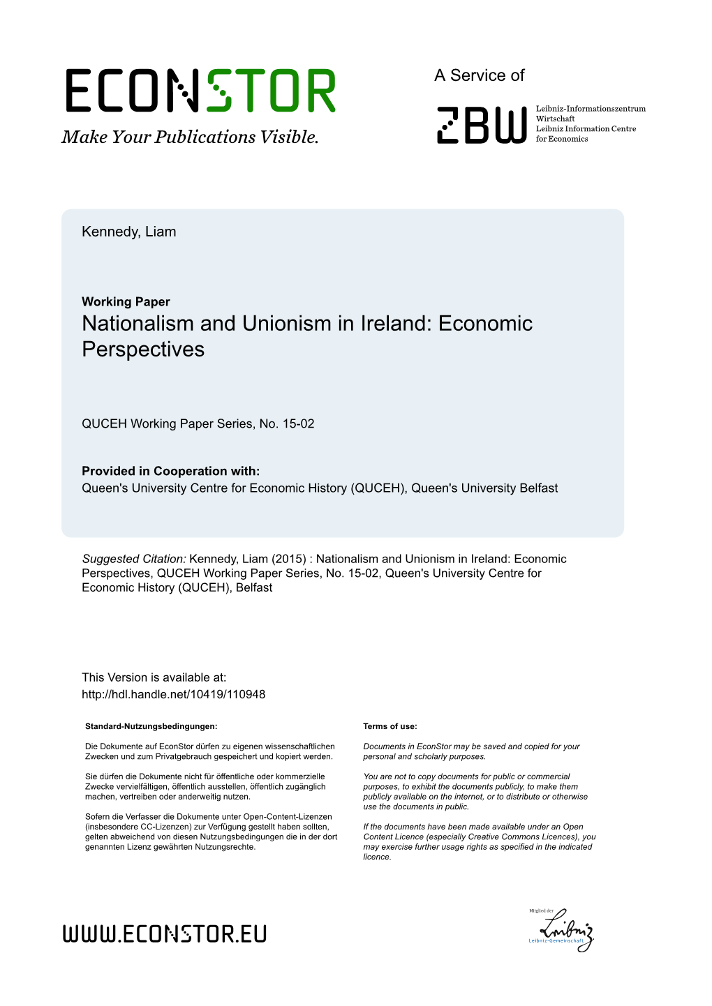 Nationalism and Unionism in Ireland: Economic Perspectives