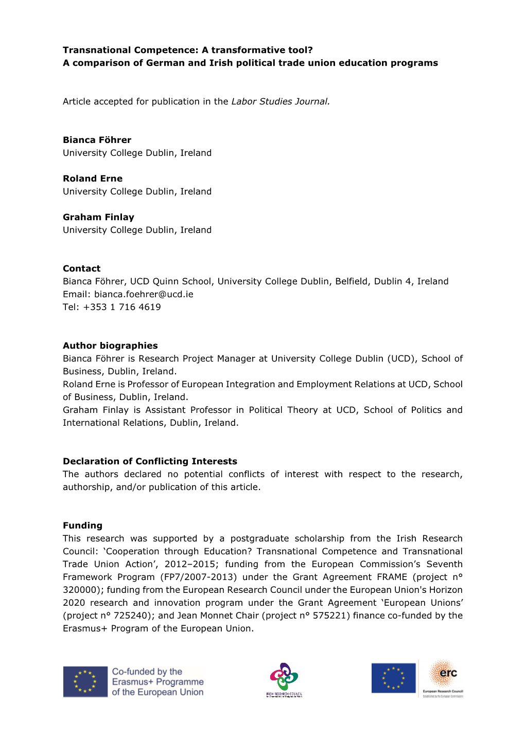 Transnational Competence: a Transformative Tool? a Comparison of German and Irish Political Trade Union Education Programs