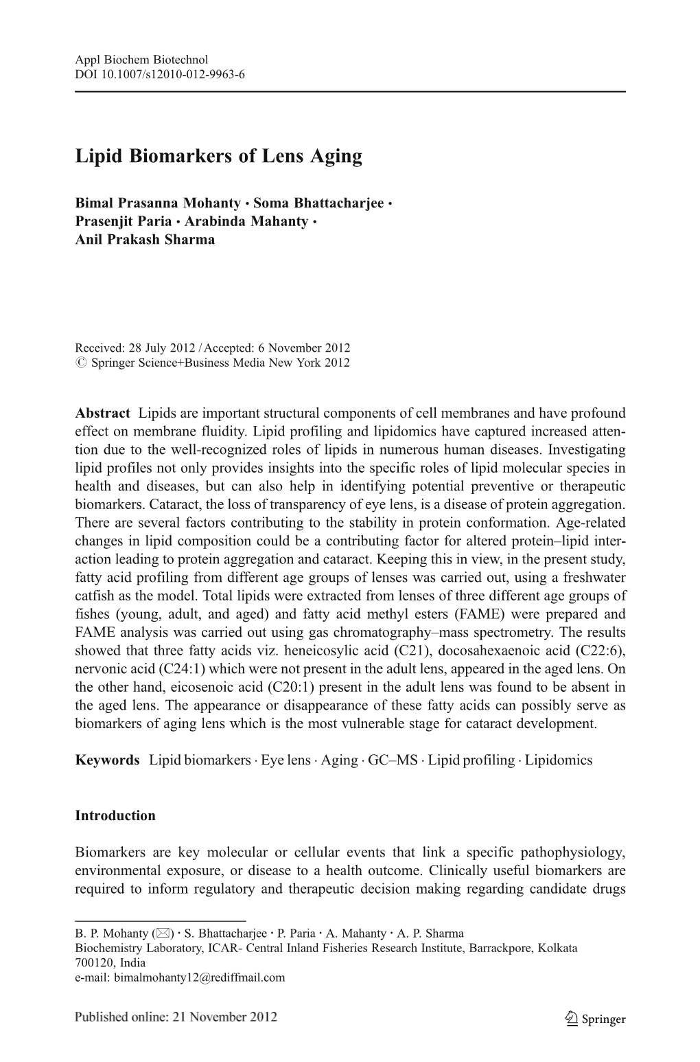 Lipid Biomarkers of Lens Aging