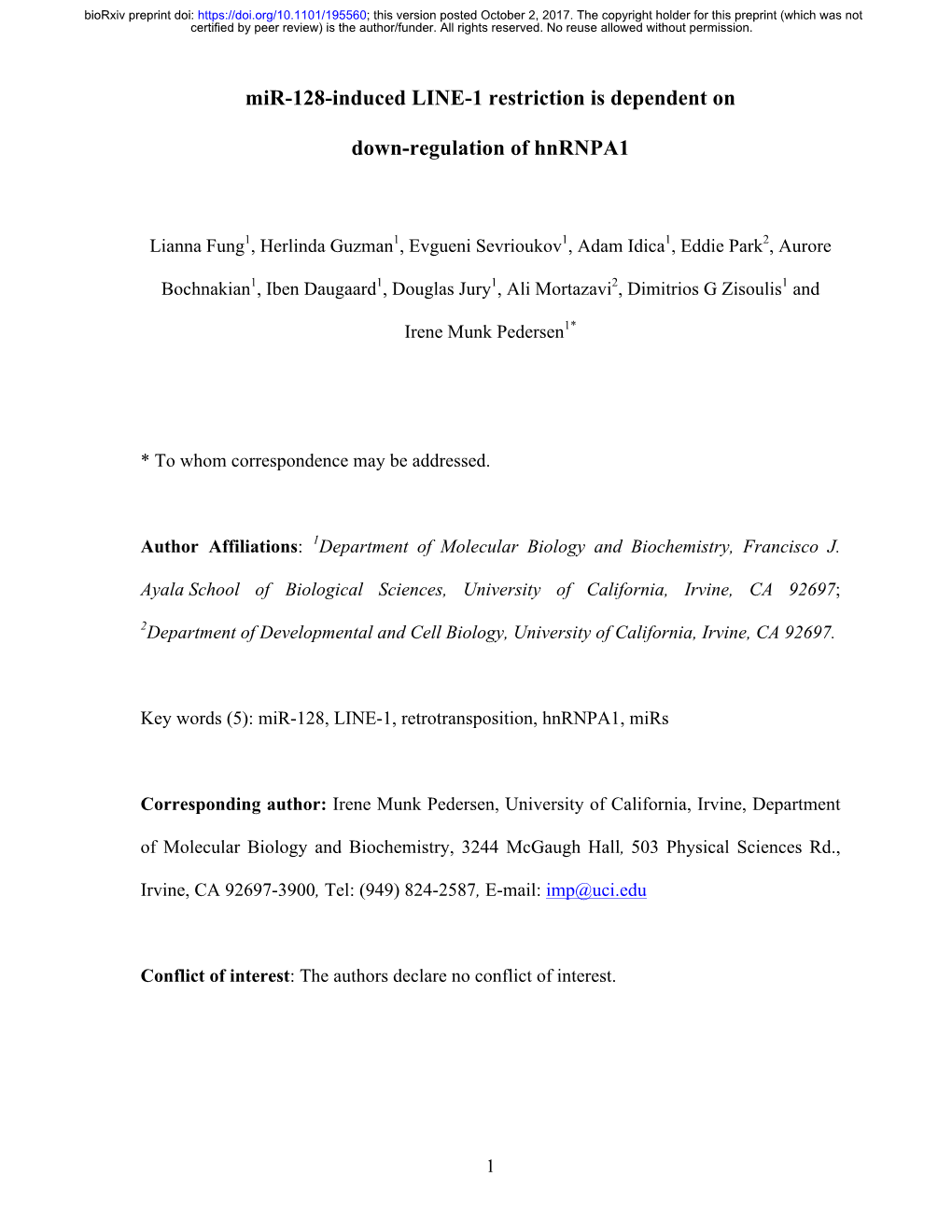 Mir-128-Induced LINE-1 Restriction Is Dependent on Down-Regulation Of