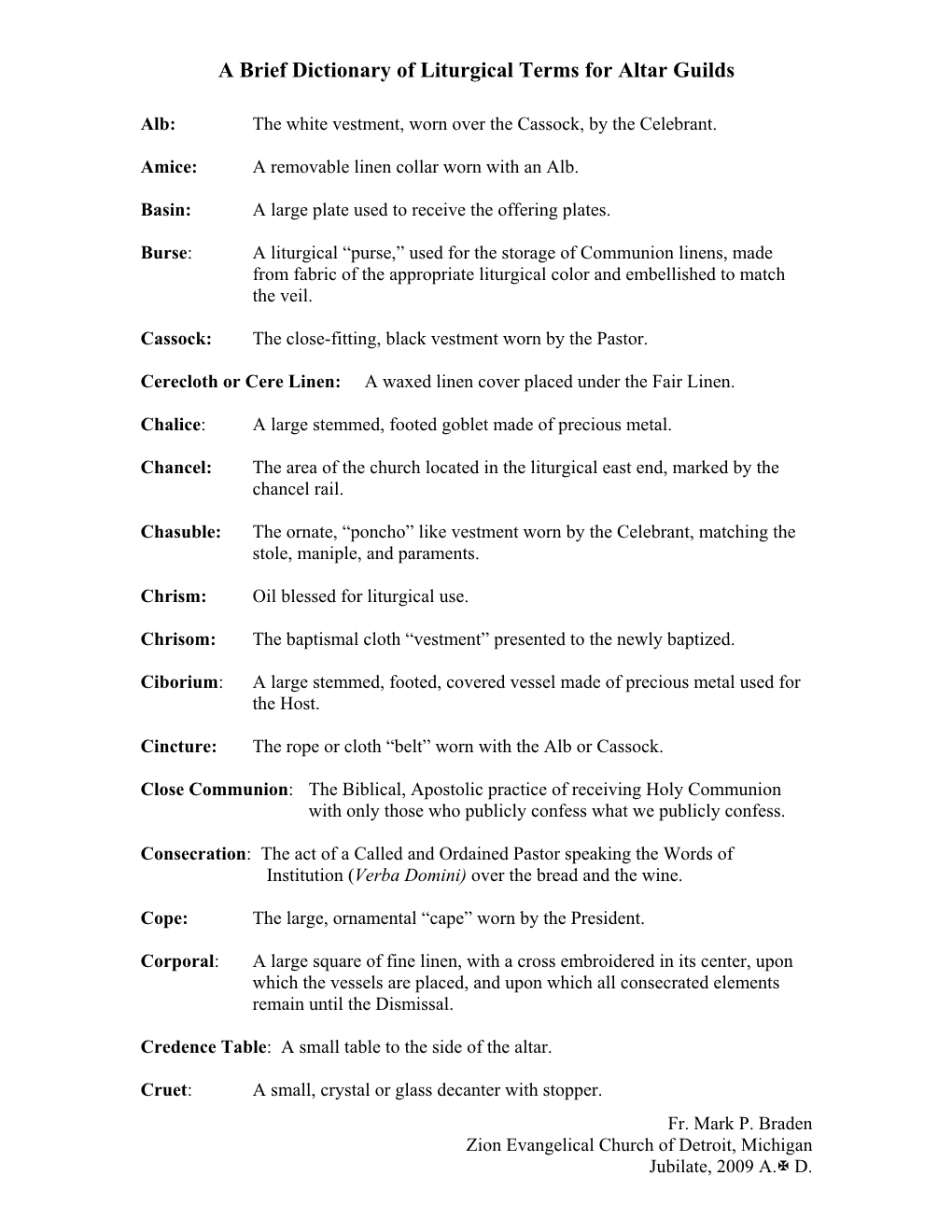 Liturgical Terms Used in Conjunction with Holy Communion