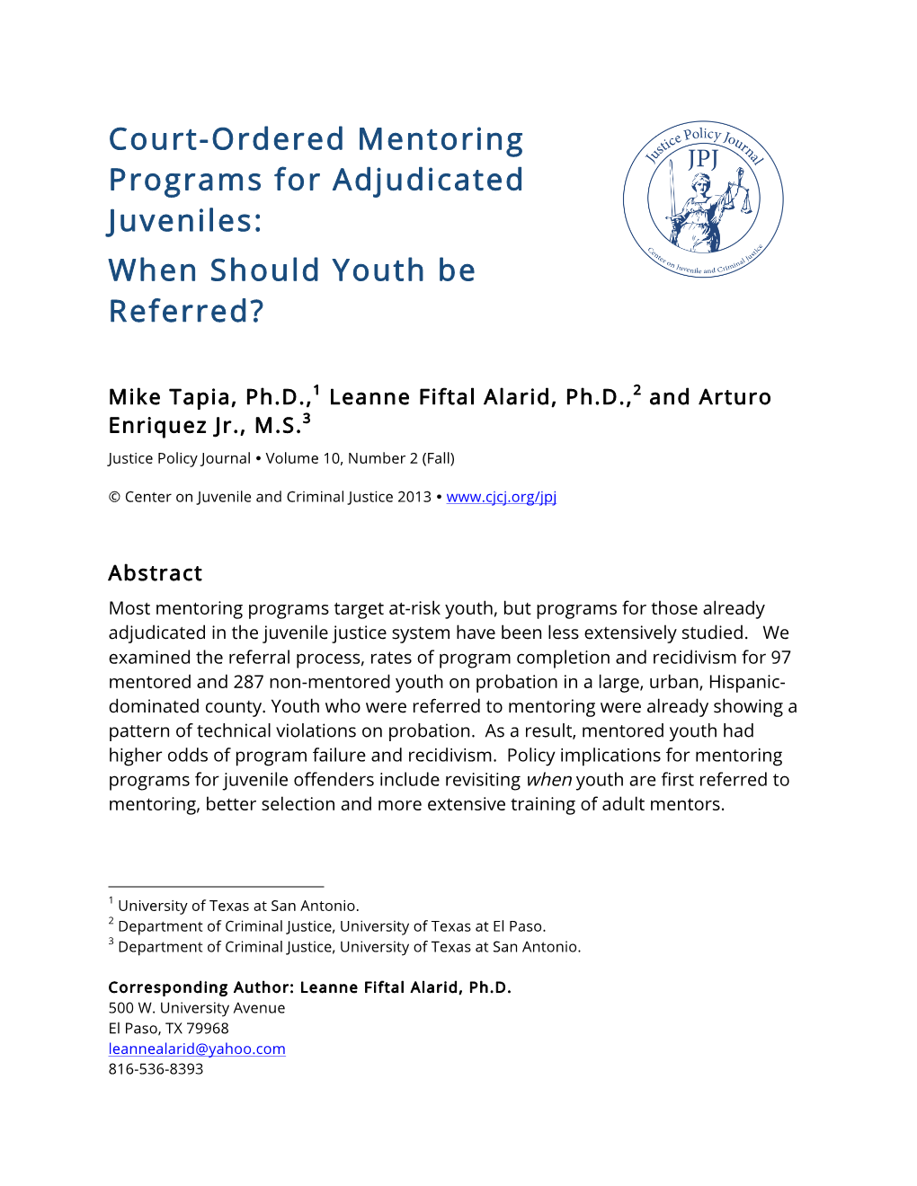 Court-Ordered Mentoring Programs for Adjudicated Juveniles: When