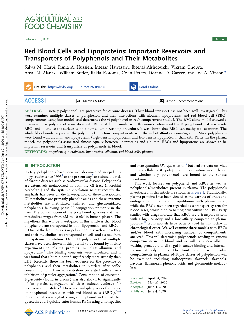 Red Blood Cells and Lipoproteins: Important Reservoirs and Transporters of Polyphenols and Their Metabolites Salwa M