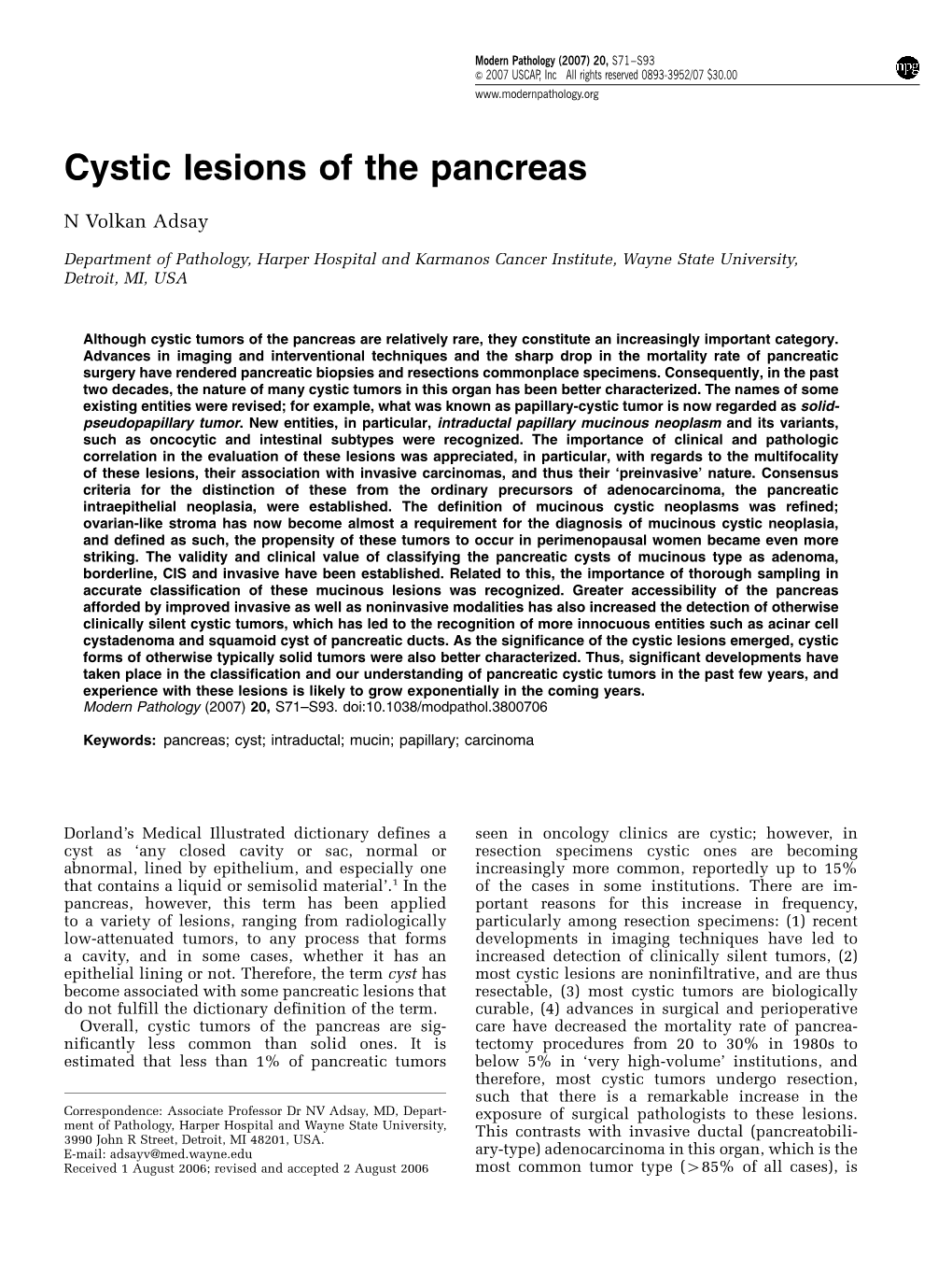 Cystic Lesions of the Pancreas