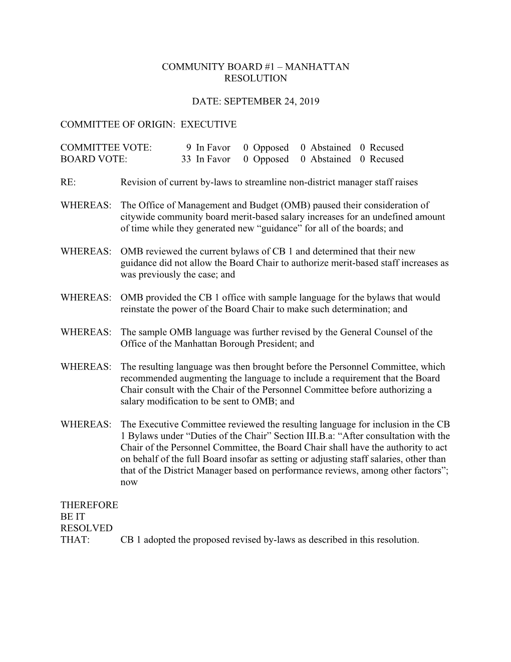 Community Board #1 – Manhattan Resolution