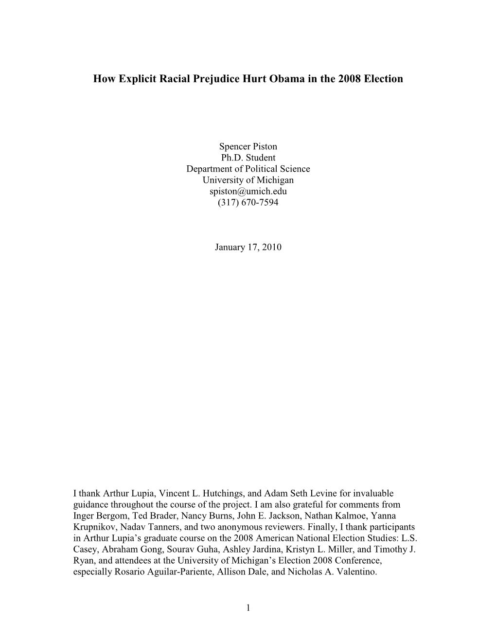 How Explicit Racial Prejudice Hurt Obama in the 2008 Election