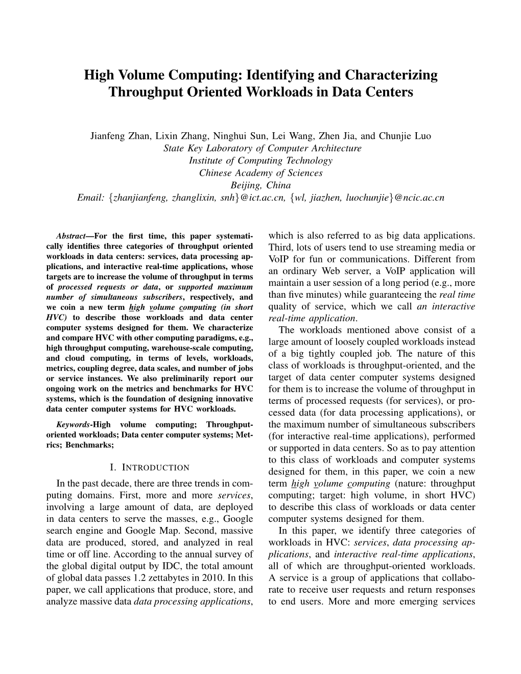 High Volume Computing: Identifying and Characterizing Throughput Oriented Workloads in Data Centers