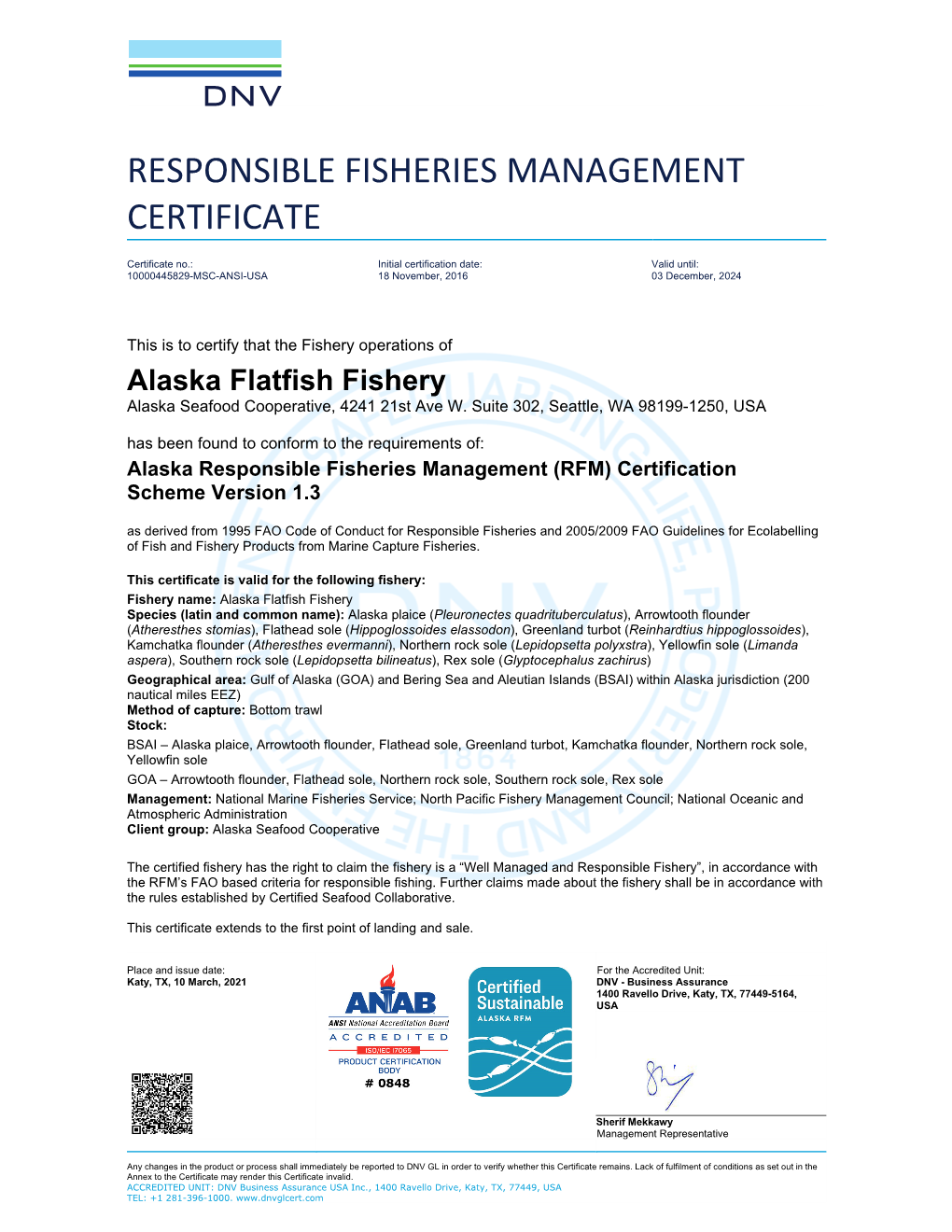Alaska Flatfish RFM Certificate