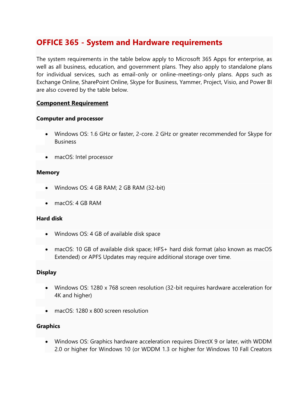 OFFICE 365 - System and Hardware Requirements