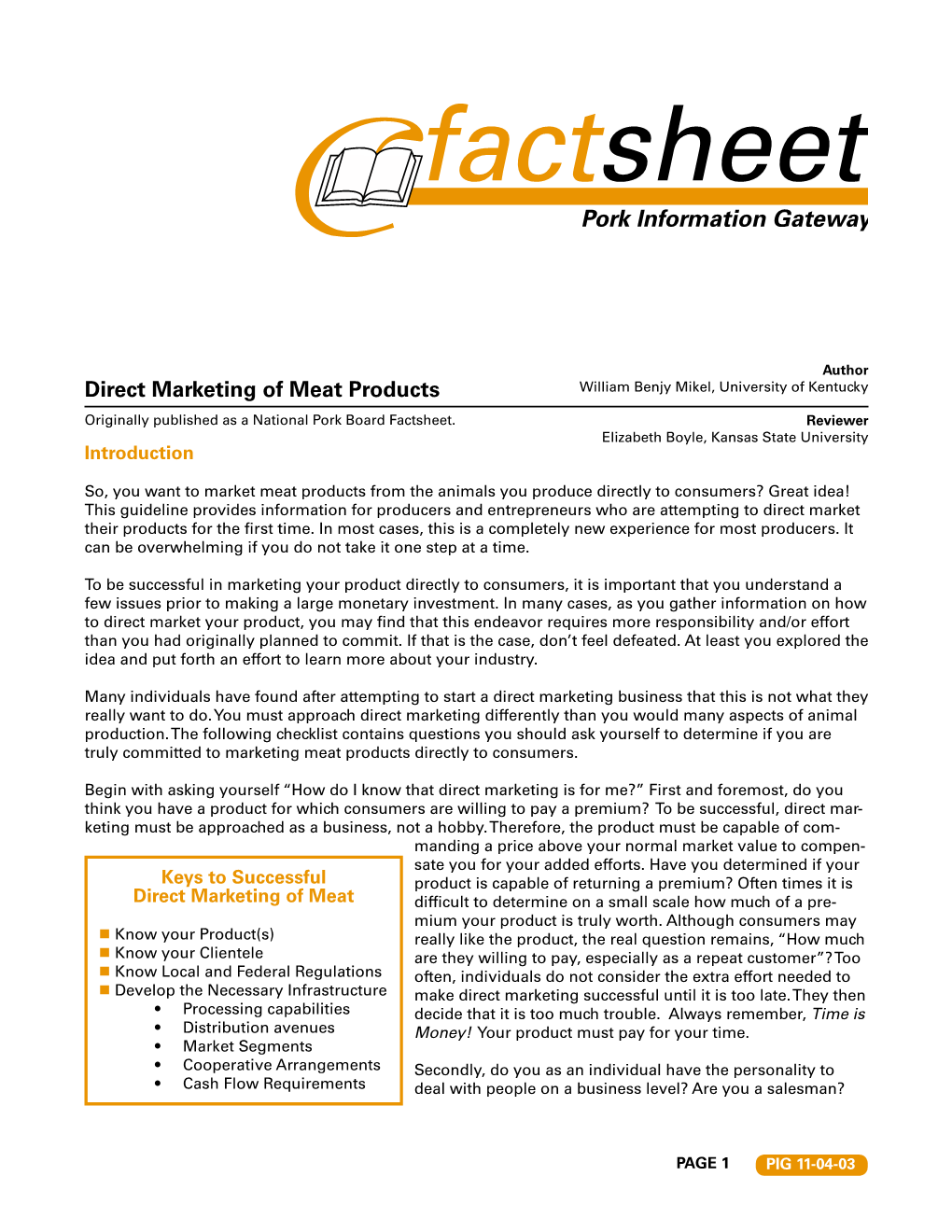 Direct Marketing of Meat Products William Benjy Mikel, University of Kentucky Originally Published As a National Pork Board Factsheet