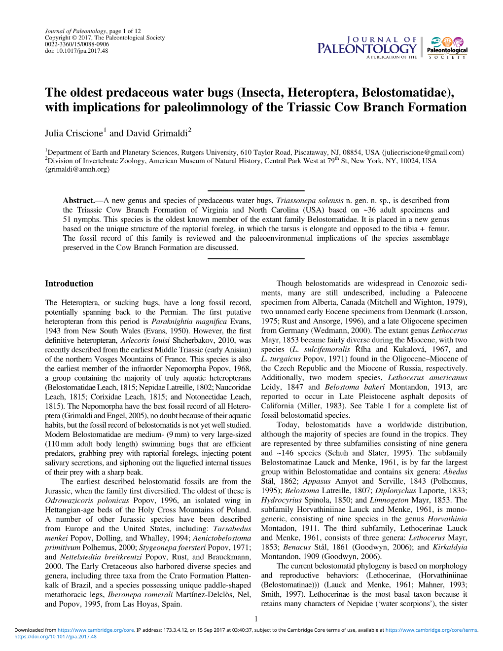 The Oldest Predaceous Water Bugs (Insecta, Heteroptera, Belostomatidae), with Implications for Paleolimnology of the Triassic Cow Branch Formation