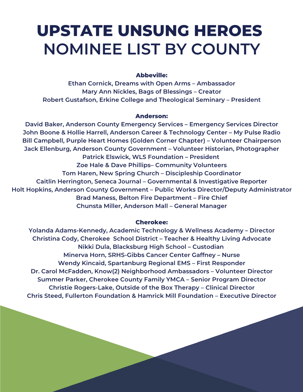 Upstate Unsung Heroes Nominee List by County