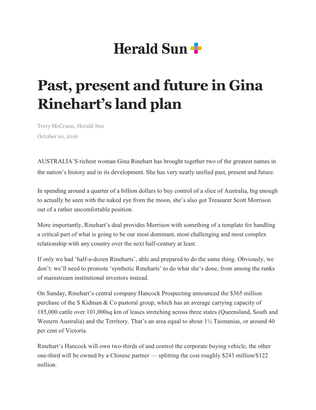 Past, Present and Future in Gina Rinehart's Land Plan