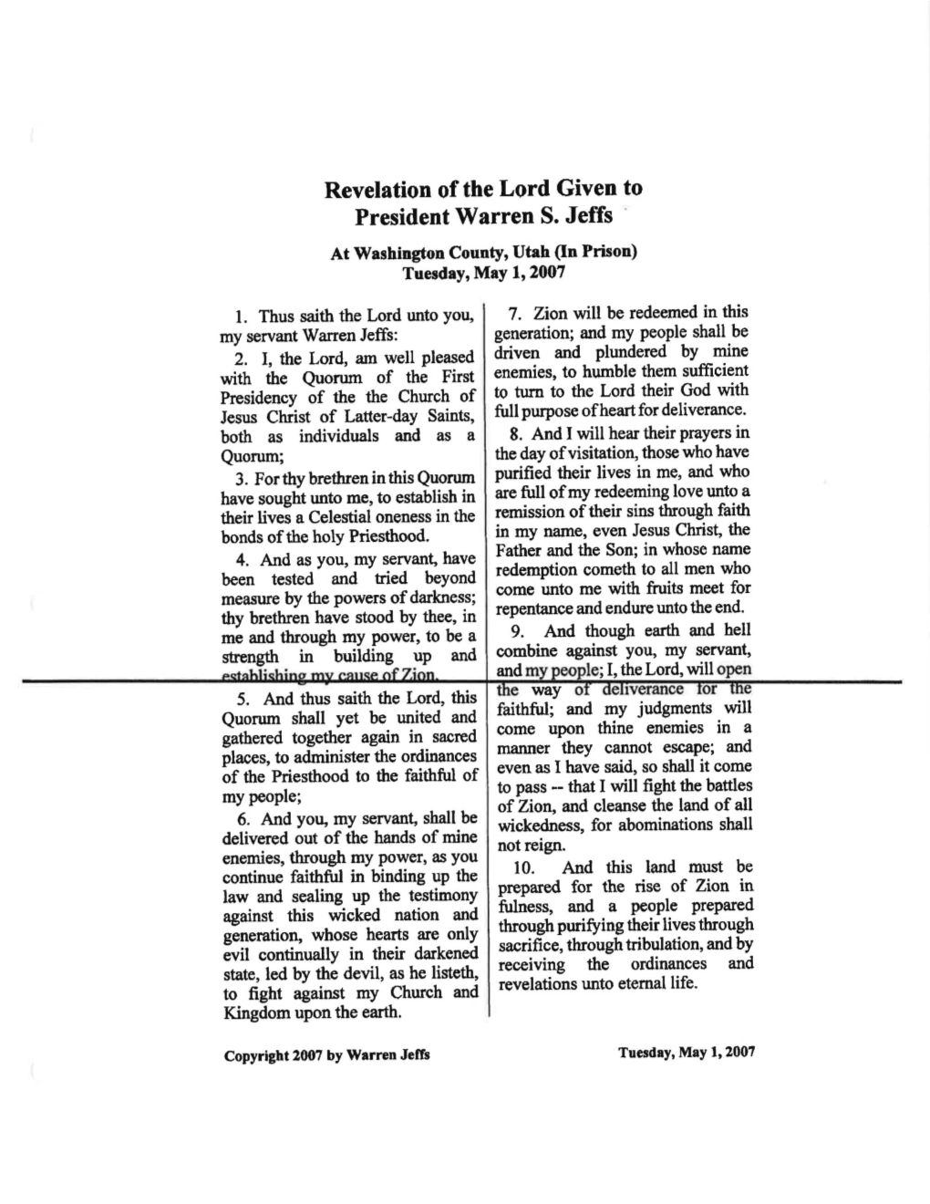 Revelation of the Lord Given to President Warren S. Jeffs · at Washington County, Utah (In Prison) Tuesday, May 1,2007