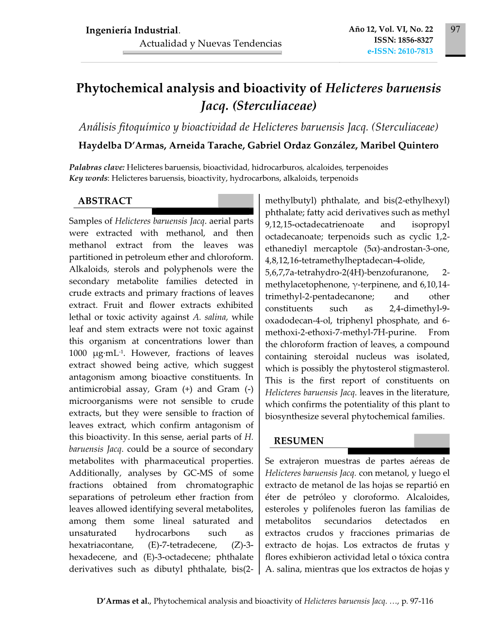 Phytochemical Analysis and Bioactivity of Helicteres Baruensis Jacq