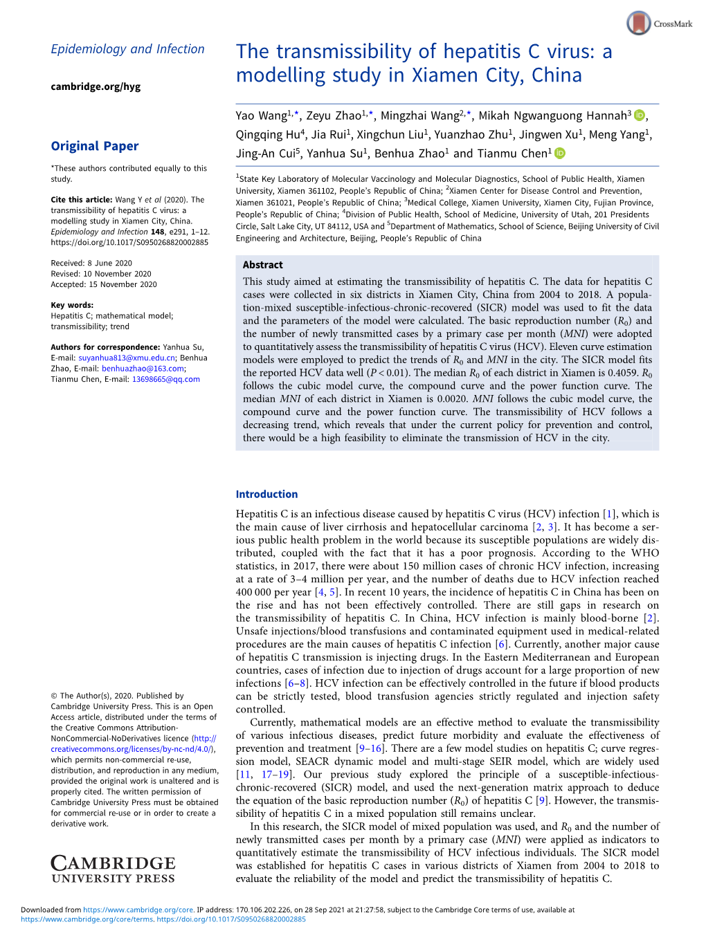 The Transmissibility of Hepatitis C Virus: a Modelling Study in Xiamen City, China Cambridge.Org/Hyg