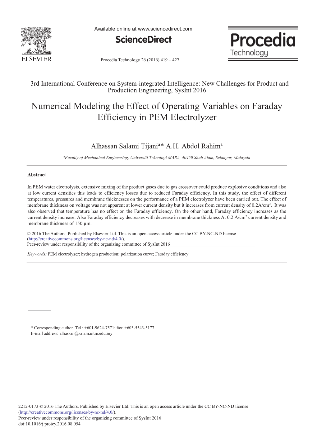 Numerical Modeling the Effect of Operating Variables on Faraday Efficiency in PEM Electrolyzer
