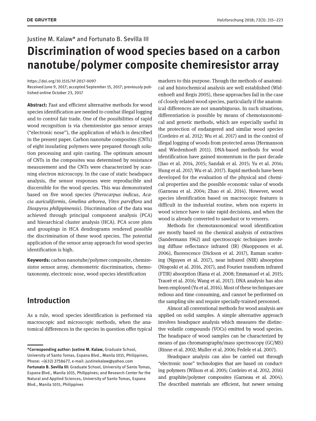 Discrimination of Wood Species Based on a Carbon Nanotube/Polymer Composite Chemiresistor Array Markers to This Purpose