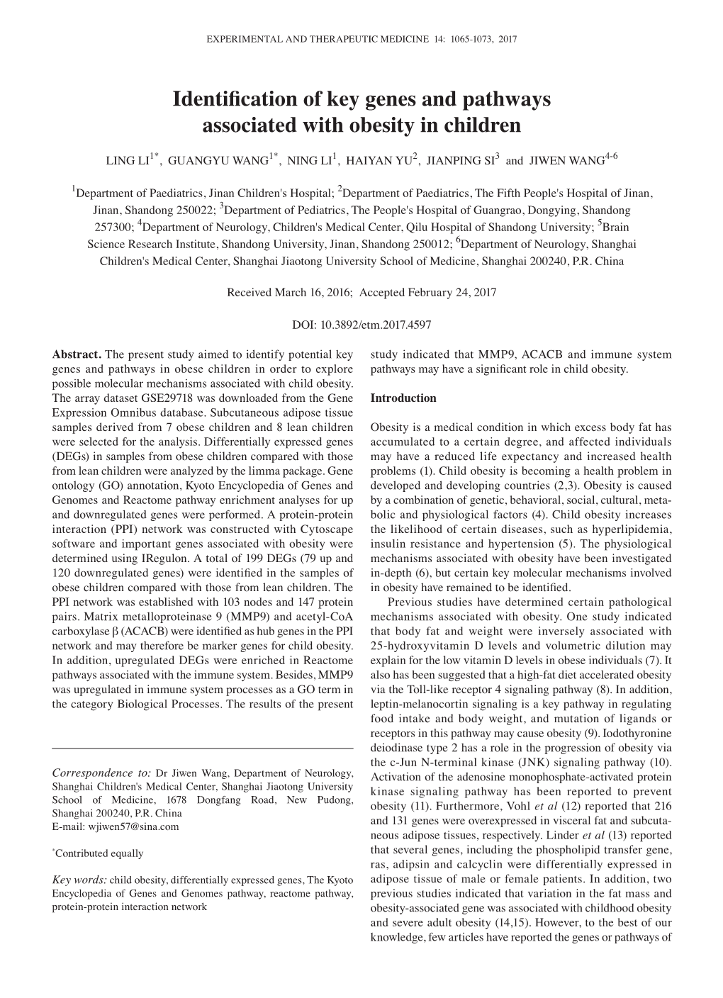 Identification of Key Genes and Pathways Associated with Obesity in Children