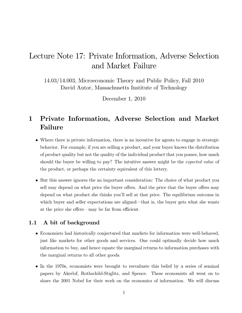 Private Information, Adverse Selection and Market Failure