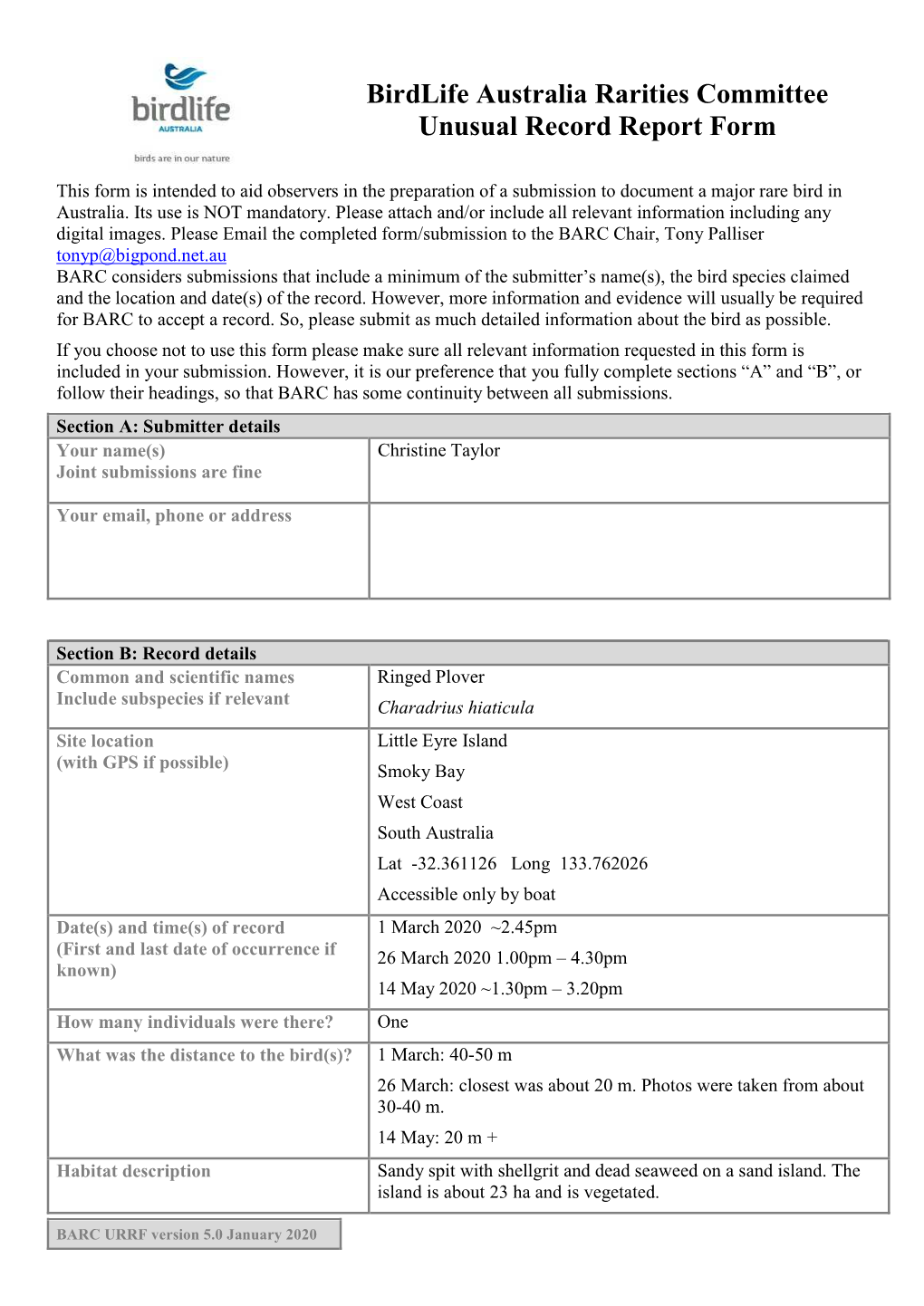 Birdlife Australia Rarities Committee Unusual Record Report Form