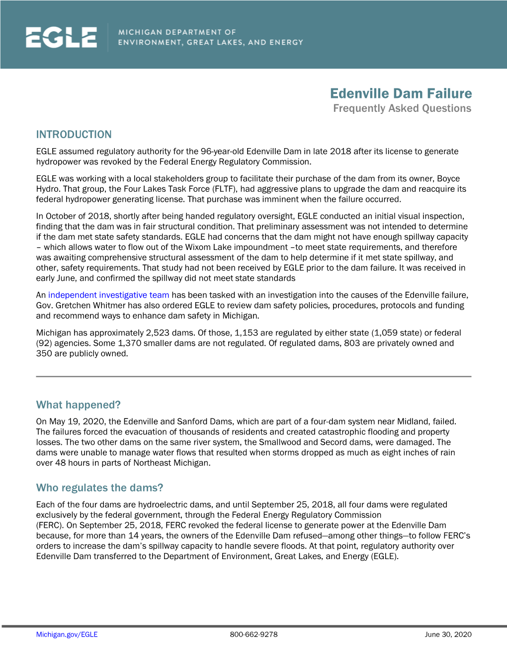 EGLE – Edenville Dam Failure