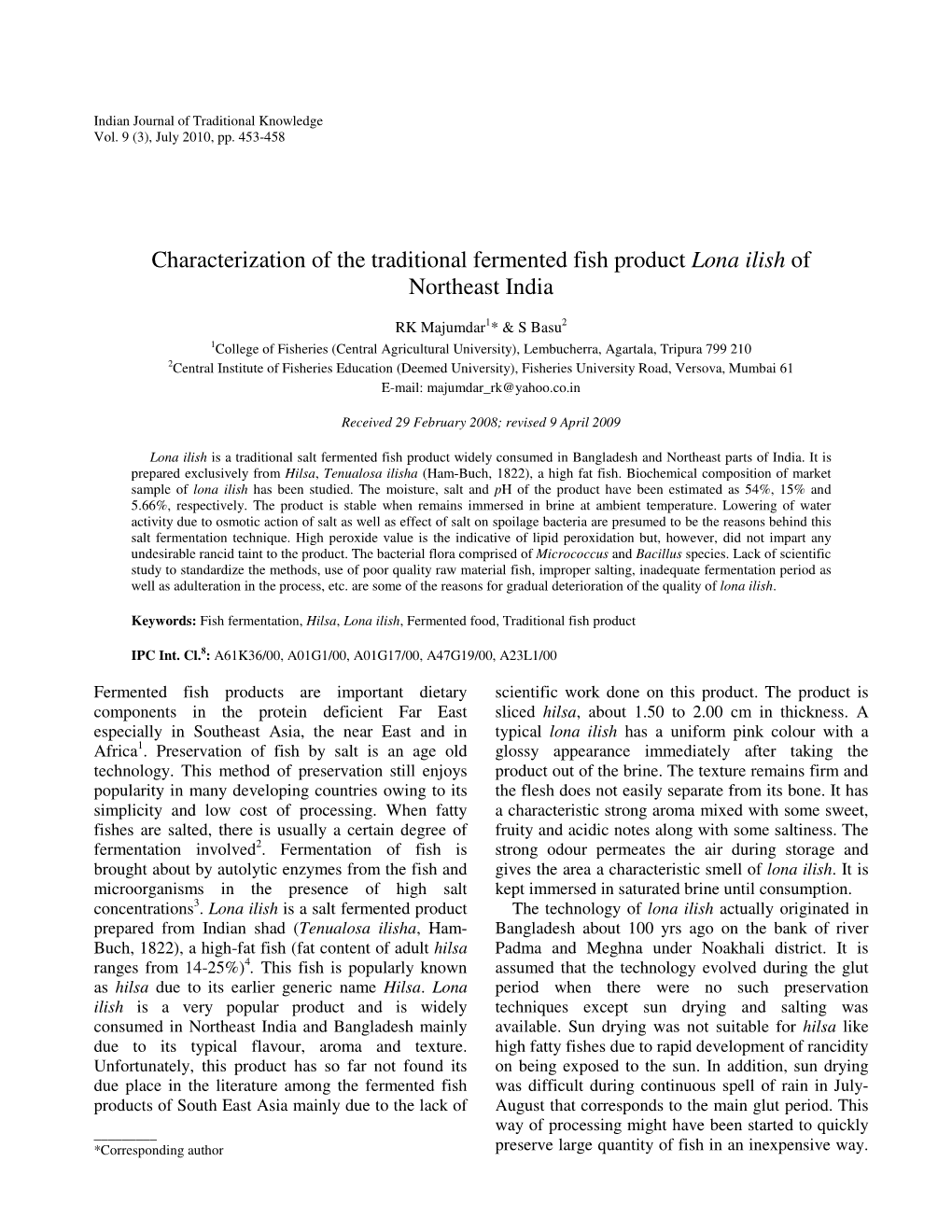 Characterization of the Traditional Fermented Fish Product Lona Ilish of Northeast India