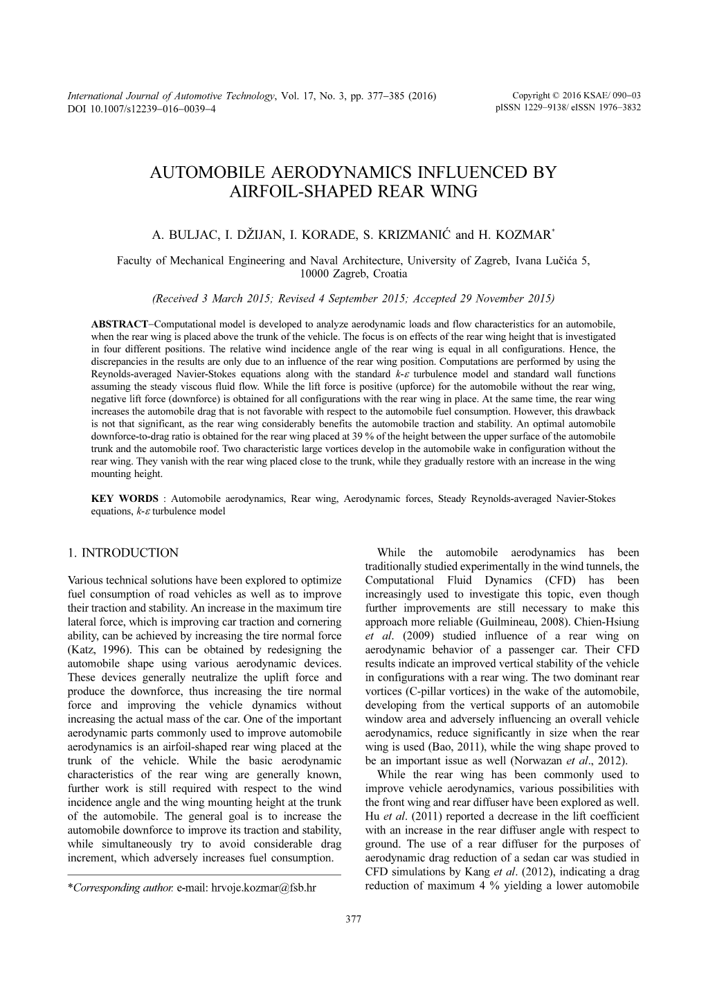 Automobile Aerodynamics Influenced by Airfoil-Shaped Rear Wing