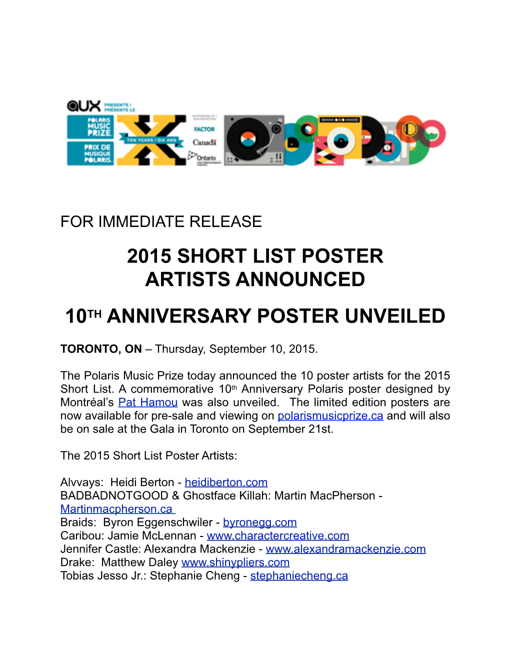 Polaris Music Prize Announces 2015 Short List Poster