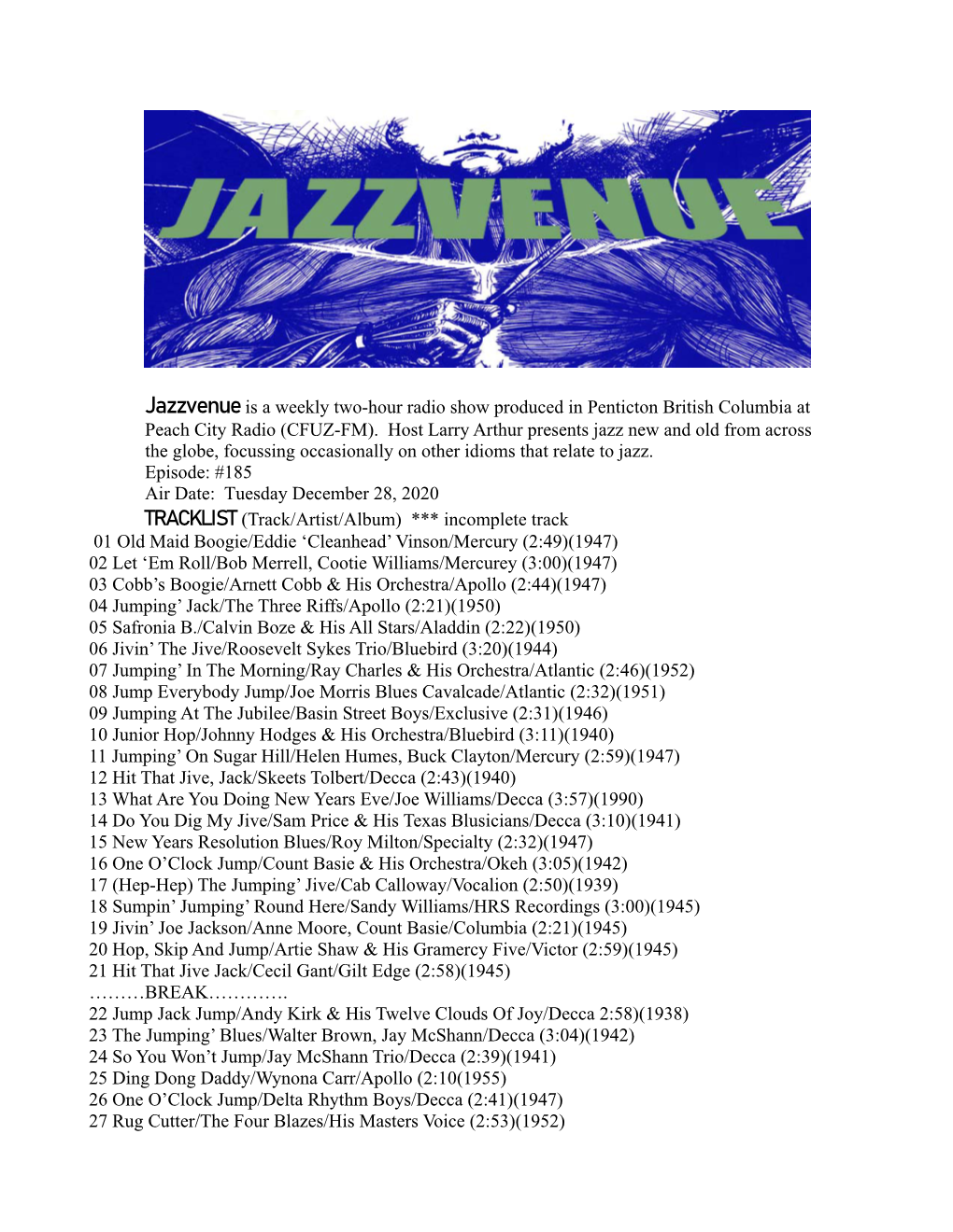Jazzvenue #134, Tues, Dec 31, 2019 Playlist