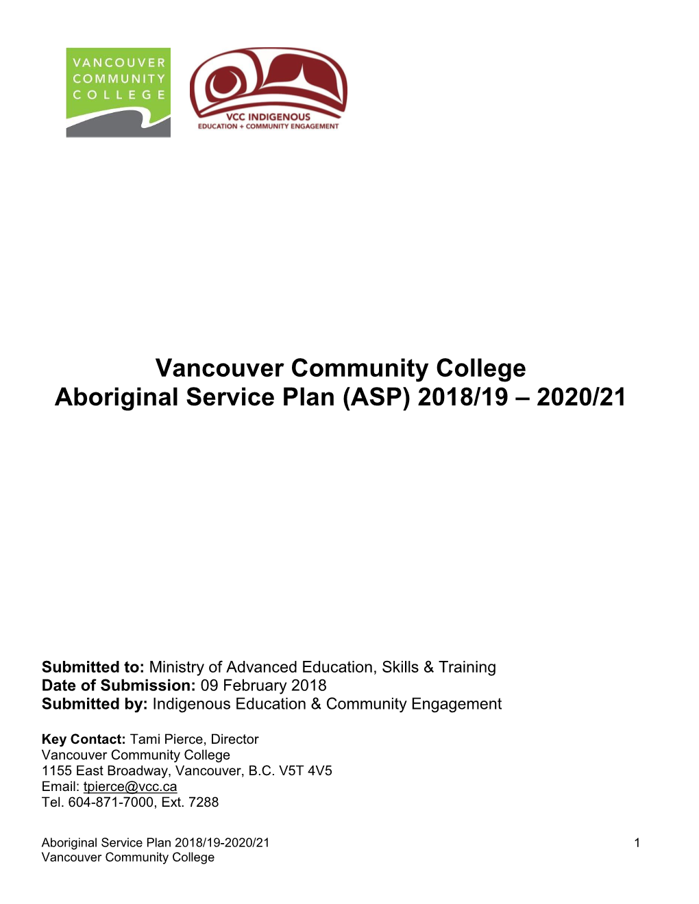 Vancouver Community College Aboriginal Service Plan (ASP) 2018/19 – 2020/21