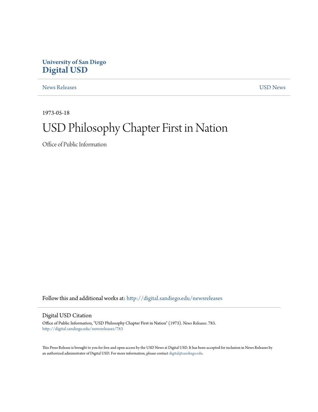 USD Philosophy Chapter First in Nation Office of Publicnfor I Mation